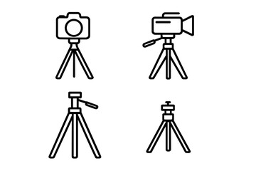 Minimalist linear tripod icons set for photography and videography. Vector line art illustration of camera and camcorder on stand. Professional filmmaker and photographer gear.