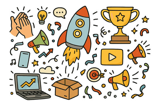 Doodle icon set for product launch and business success. Cartoon vector illustration of rocket startup, marketing megaphone, growth chart, trophy award and digital media.