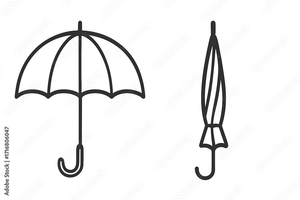 Poster linear umbrella icon set featuring minimalist open and closed designs. black and white vector cartoo