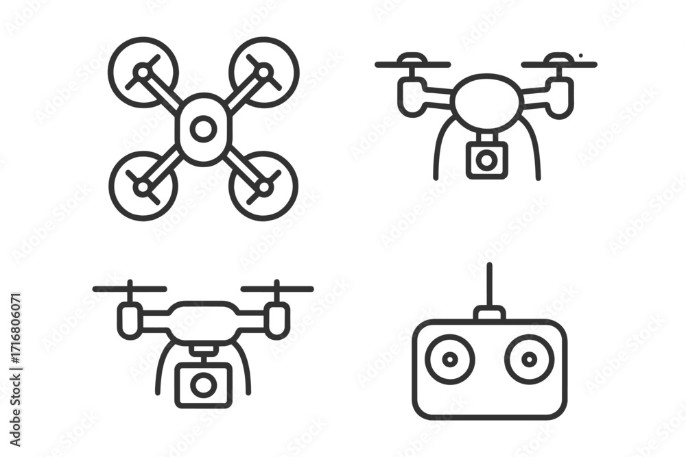 Poster minimalist drone icon set in linear style. quadcopter with camera and remote controller. uav technol