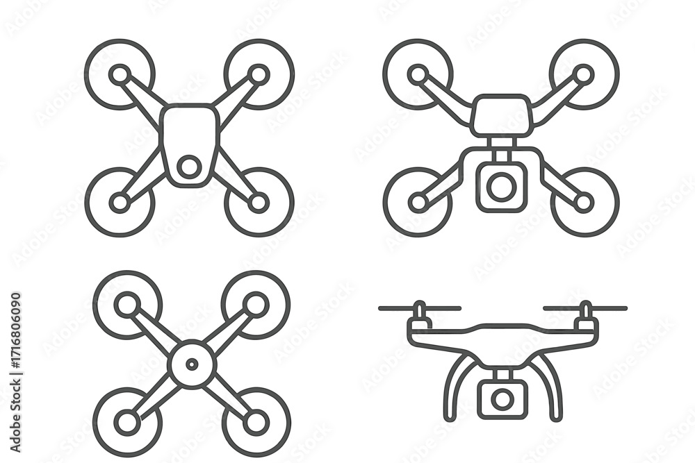 Aufkleber drone icon set in minimalist linear style. quadcopter with camera vector outline illustration for te