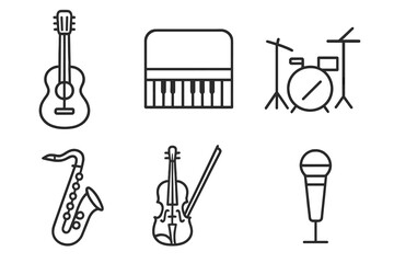 Obraz premium Musical instrument icon set. Linear icons of guitar, piano, drums, saxophone, violin, microphone. Music concert and band symbols. Simple outline vector illustration for web design.