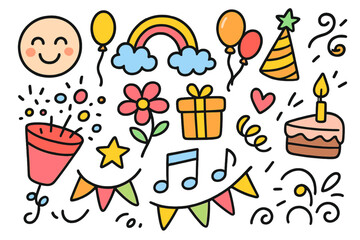 Playful doodle art set with joyful elements of happiness and celebration. Cute cartoon vector illustration pack for a birthday party. Includes cake, gift, balloon, and rainbow icons.