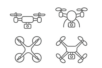 Minimalist drone icon set in a simple linear style. Quadcopter with camera, unmanned aerial vehicle pictogram collection for technology and gadget themes. Vector for delivery.