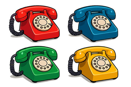 Set of retro rotary telephones in vibrant colors. Collection of classic vintage phones with old design. Communication concept. Vector cartoon 3d illustration isolated on white.