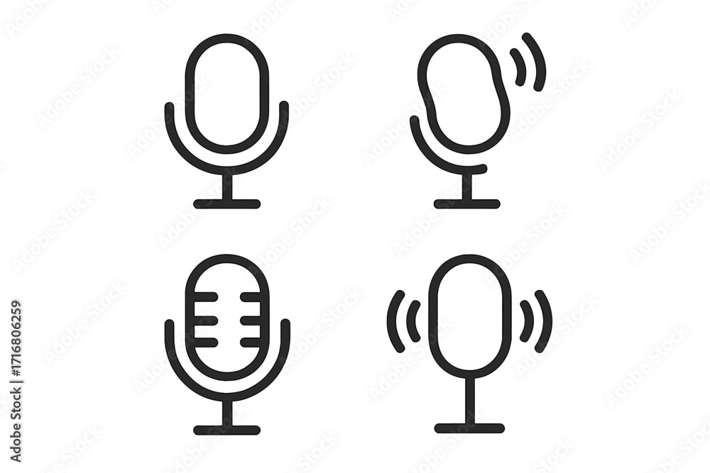 Poster minimalist microphone icon set for audio and podcasting. linear mic symbols for broadcasting, voice 
