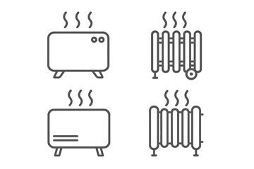 Heater and radiator minimalist line icon set. Home heating equipment symbols. Electric portable heater, central heating radiator vector outline illustration for graphic design.