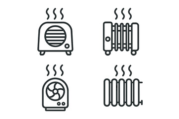 Heater and radiator line icon set. Home heating, climate control concept. Electric portable fan heater, oil radiator, convector pictogram. Warmth and winter symbols.