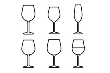 Set of wine glass line art icons. Minimalist vector illustration of different glassware types. Collection for red, white wine, champagne. Bar menu, party celebration concept.