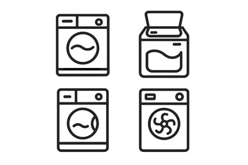 Vector icon set of washing machines and dryers. Minimalist linear style for home appliance and laundry concepts. Clean wash symbols. Front and top load washer pictograms.