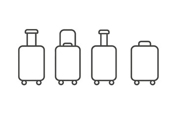 Luggage icon set. Minimalist travel baggage symbols. Suitcase collection in linear outline style. Vector illustration for vacation, trip, airport signs. Trolley bag design element.