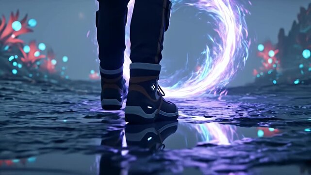 A person's boots create a magical energy portal while walking on an alien planet surface