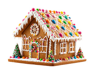 Obraz premium Christmas gingerbread house decorated with icing and candies isolated on transparent background