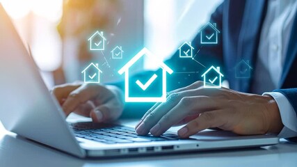 Real Estate Agent Using Laptop for Property Management.