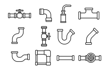 Plumbing line icon set. Collection of pipe and pipeline parts for water supply systems. Vector symbols for construction, drainage, and engineering. Includes valve, tube, fitting icons.