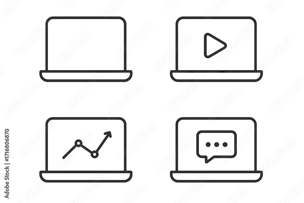 Aufkleber laptop icon set in linear style. minimalist vector symbols of computer screen with play button, grow