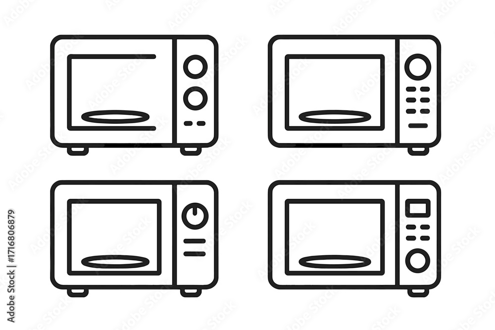 Poster set of minimalist microwave oven icons in a simple linear outline style. vector collection of kitche