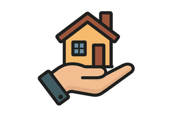 Real estate concept with hand holding a house. Property investment, mortgage, and home insurance icon. Symbol for buying, selling, or renting a home. Vector illustration.
