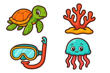Naklejka premium Cute sea life icon set with turtle, jellyfish, coral, and snorkel mask. Cartoon vector illustration collection for kids, summer vacation, and underwater marine adventures.