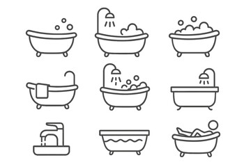 Bathtub line icon set. Bathroom, hygiene, personal care outline pictograms. Bath with shower, foam bubbles. Person relaxing in a tub. Faucet, spa, wellness editable stroke vector.