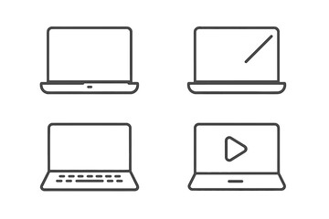 Minimalist laptop icons in linear style vector set. Computer pictogram collection. Modern notebook symbols for web and app design. Includes video play button, keyboard graphic.