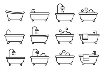 Bathtub line icon set vector. Bathroom, wash, shower, bubbles thin outline symbols. Home furniture hygiene concept. Personal care & spa pictogram collection. Editable stroke.