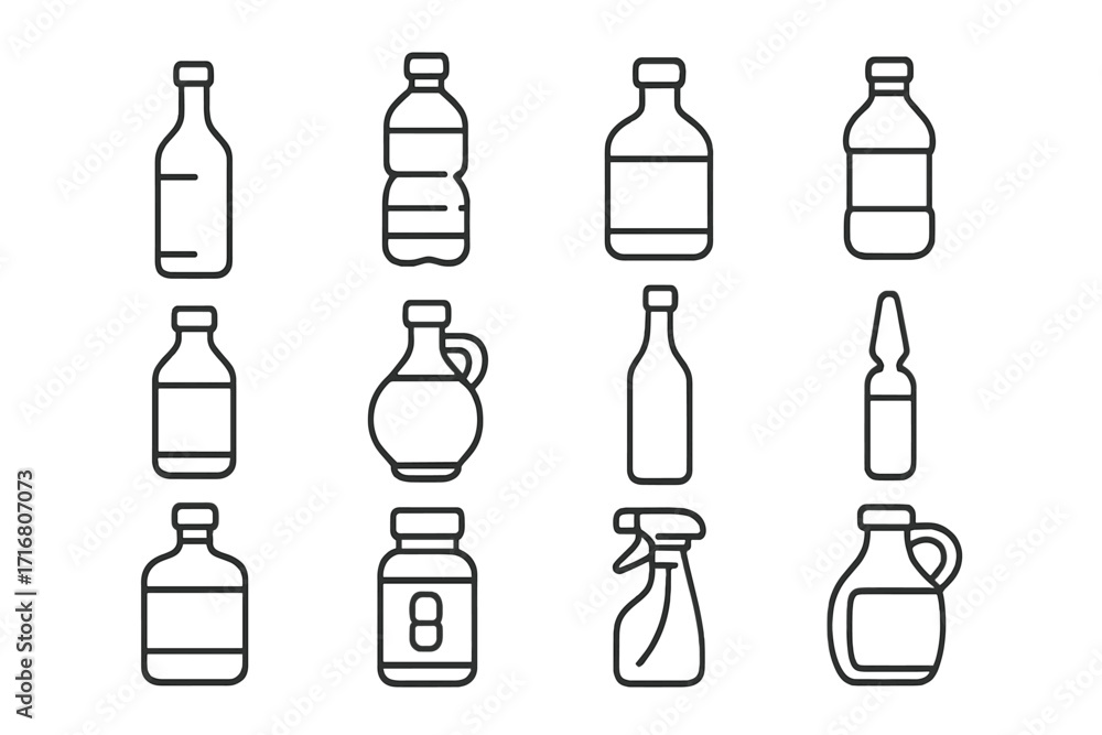 Poster versatile bottle and container thin line icon set. editable stroke vector symbols for apps and web. 