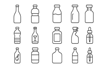 Bottle line icon set. Water, wine, milk, spray and dropper bottles. Editable stroke. Vector container symbol for liquids, drinks, medicine, cosmetics. UI UX pictogram.