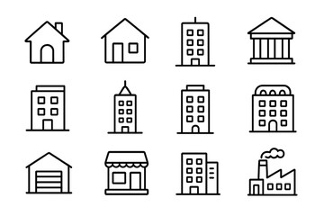 Fototapeta premium Building line icon set. Architecture and real estate vector symbols. Minimalist outline pictogram collection of house, office, skyscraper, bank, factory, and shop icons.