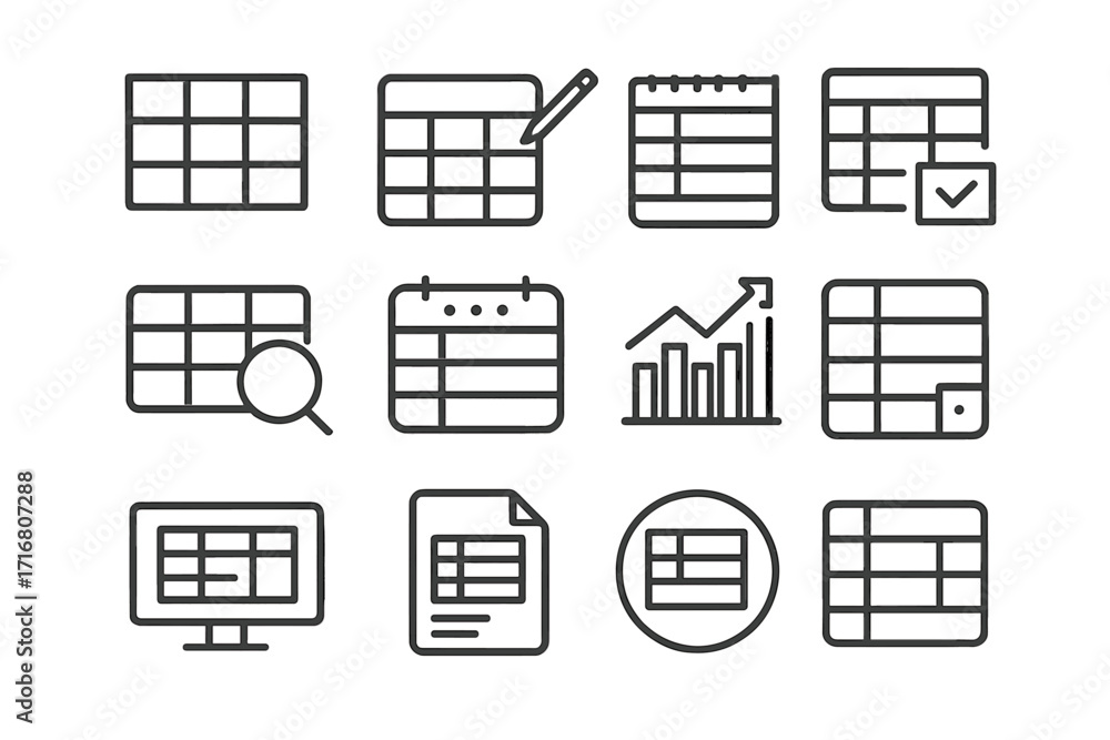 Aufkleber spreadsheet and table thin line icons set. data analytics, financial report, and schedule symbols. e