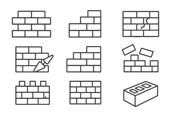 Brick wall building icon set. Metaphor for construction, progress, barrier, and problems. Masonry, bricklaying, demolition, cracked wall linear pictograms. Editable stroke.