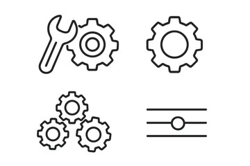 Gear and wrench icon set for settings and options. Simple linear vector icons for mechanism, configuration, setup, repair, and preferences. Editable stroke outline symbols.
