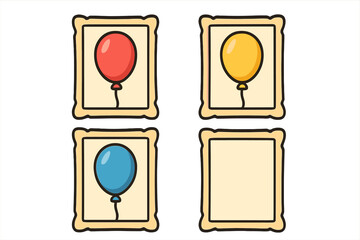 Set of colorful cartoon frames with balloons and an empty frame for copy space. Vector illustration sequence for children's learning game, party decoration, or storytelling.