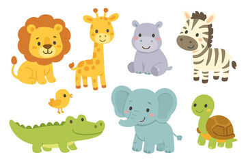 Obraz premium Cute safari animal set. Cartoon vector collection with lion, giraffe, elephant, zebra, hippo, crocodile, turtle. Baby jungle characters for kids nursery design. Flat illustration.