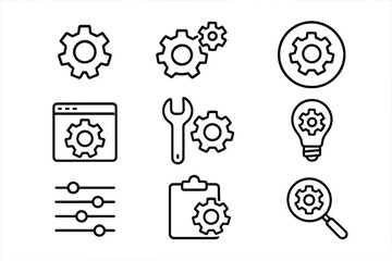 Mechanism and settings line icon set. Vector icons of gear, cogwheel, tools for configuration, and process optimization. Editable stroke for web, UI, UX, and app design.