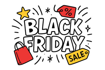 Black Friday sale vector banner with cartoon lettering. Hand drawn shopping promotion illustration. Discount offer design element with price tag and bag for advertising poster.