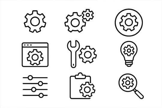 Mechanism and settings line icon set. Vector icons of gear, cogwheel, tools for configuration, and process optimization. Editable stroke for web, UI, UX, and app design.