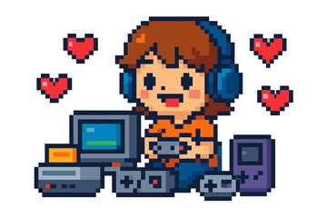 Retro gaming pixel art illustration. Cute gamer character with vintage console, computer and controller. 8 bit nostalgia for 80s and 90s video games. Love for old school hobby.