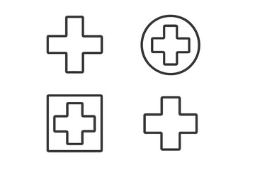 Medical cross line icon set. Health and hospital plus symbol collection. First aid, emergency, and pharmacy pictogram. Editable stroke vector for web and app design.