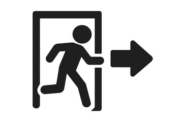 Exit symbol vector icon. Emergency fire exit sign with running figure. Evacuation route pictogram. Man running to a door. Safety, warning, and escape concept illustration.