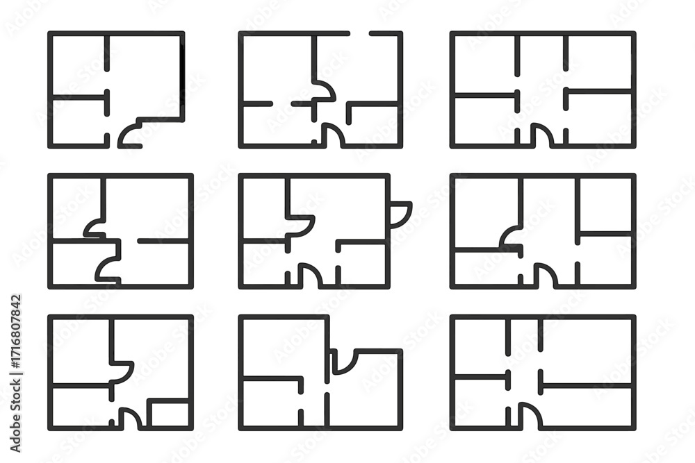 Poster floor plan icon set. collection of house and apartment layout schematics. thin line vector graphics 