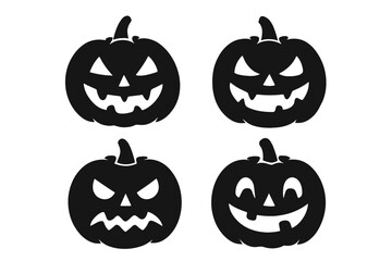Set of black Halloween pumpkin silhouettes. Jack o lantern face icons with various emotions. Spooky, scary, happy, angry expressions. Vector graphic for holiday design.