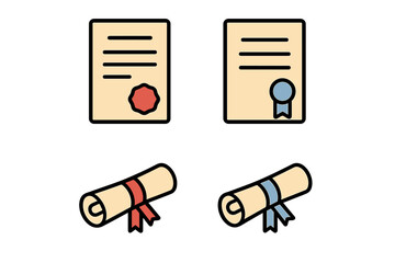Set of filled color icons of diploma certificate with ribbons and seals, minimalistic linear pictogram for web, graphic design, apps, banners, social media, cards, education concept