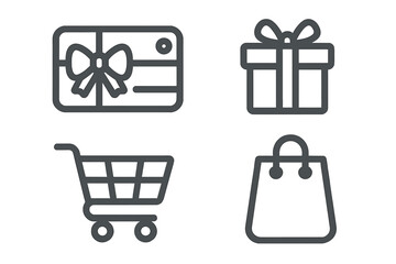 Shopping icon set with gift card, present box, shopping cart, and bag. Minimalist line art for e-commerce, retail, and online store. Vector graphic symbols for buy, purchase, and checkout.