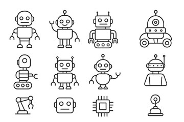 Robot line icon set. Collection of cute cartoon androids and bots. Vector pictogram for technology, AI, and automation concepts. Editable stroke for easy customization.