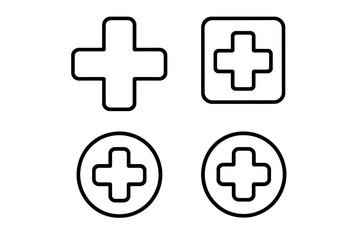 Fototapeta premium Medical cross and plus sign icon set. Health care, hospital, and first aid symbols. Outline vector icons for UI, web design, apps, and emergency services. Editable stroke.