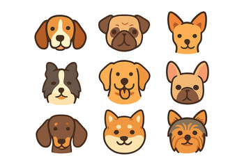 Dog head icon set. Cute cartoon dog breeds collection. Vector flat style illustration. Pet animal faces for avatar or logo design. Beagle, Pug, Golden Retriever, Shiba Inu.