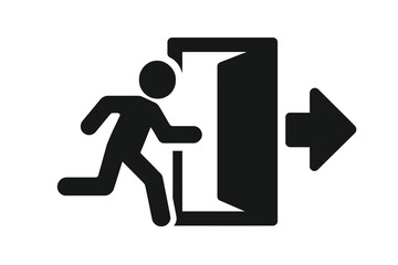 Exit sign icon. Man running to a door. Emergency exit symbol. Evacuation route pictogram. Safety, danger, and warning concept. Arrow direction for escape. Flat vector illustration.