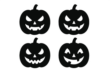 Halloween pumpkin icon set. Spooky jack o lantern silhouette collection. Vector illustration of carved pumpkins with scary, creepy, and funny faces for holiday design.