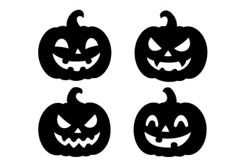 Halloween pumpkin icon set. Jack o lantern silhouette collection. Vector. Spooky carved faces with scary, evil, and funny emotions. Autumn holiday symbol. Black decoration element.